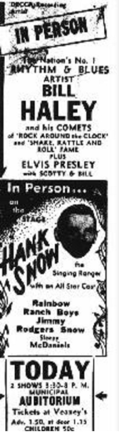 Bill Haley/Elvis/Hank Snow Ticket – Oklahoma City newspaper ad. for Sunday October 16, 1955; two shows at the Municipal Auditorium. Note: Elvis Presley's first appearance to be co-promoted (with Hank Snow) by Colonel Tom Parker.
