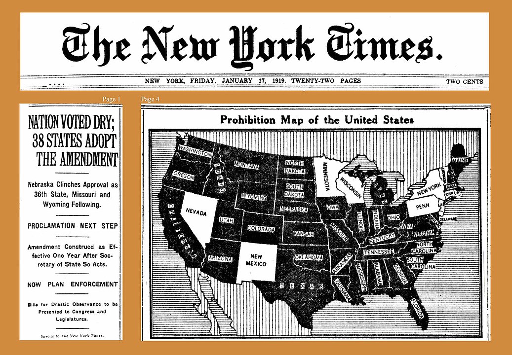 a map published in The New York Times showing the states affected by Prohibition in the US