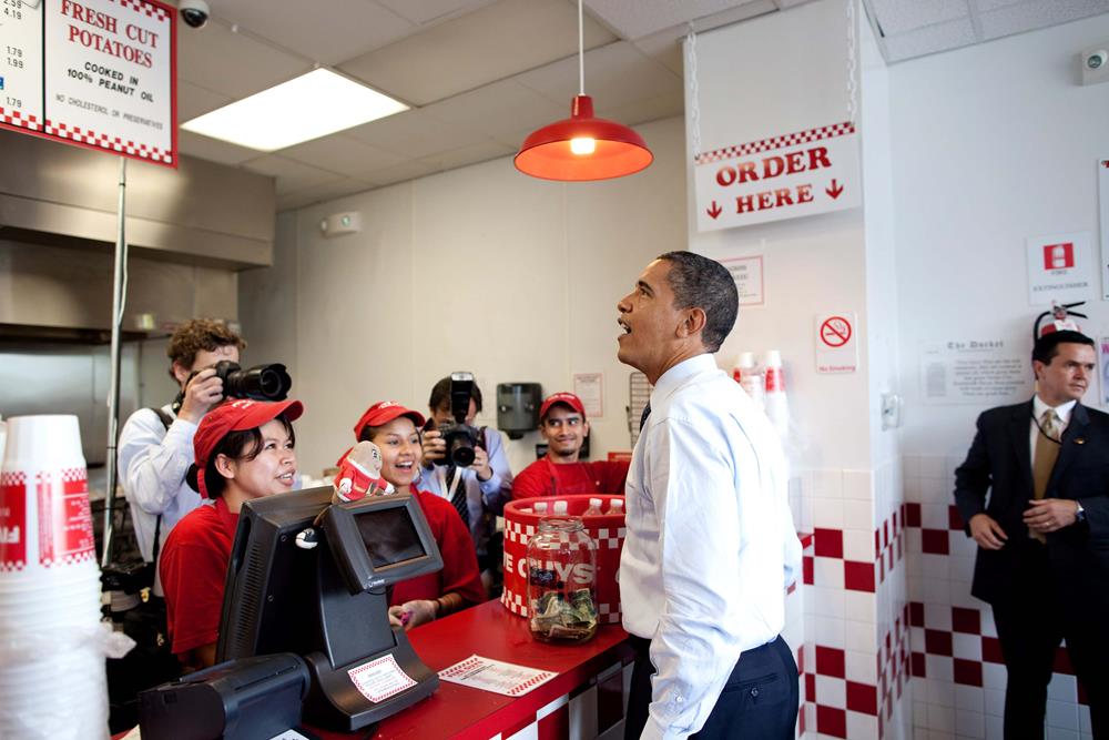 Former US President Barack Obama ordering lunch at Five Guys