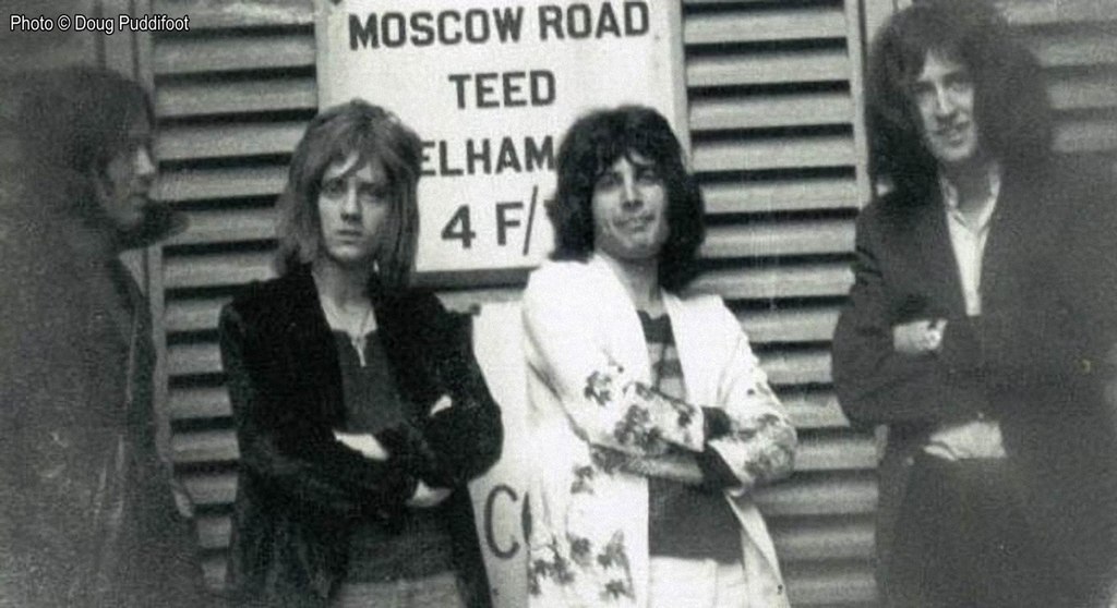 picture of Queen in 1970, left to right; Mike Grose, Roger Taylor, Freddie Mercury and Brian May image