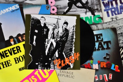 Vinyl records of punk rock bands and the debut album by The Clash released in 1977