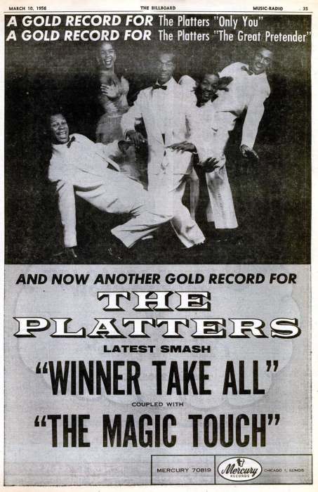 Advertisement for The Platters single, "The Magic Touch", and B-side, "Winner Take All", March 10, 1956
