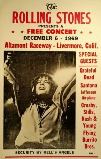 Изображение плаката с низким разрешением, рекламирующего бесплатный концерт The Rolling Stones на гоночной трассе Алтамонт, Ливермор, Калифорния, 6 декабря 1969 года.