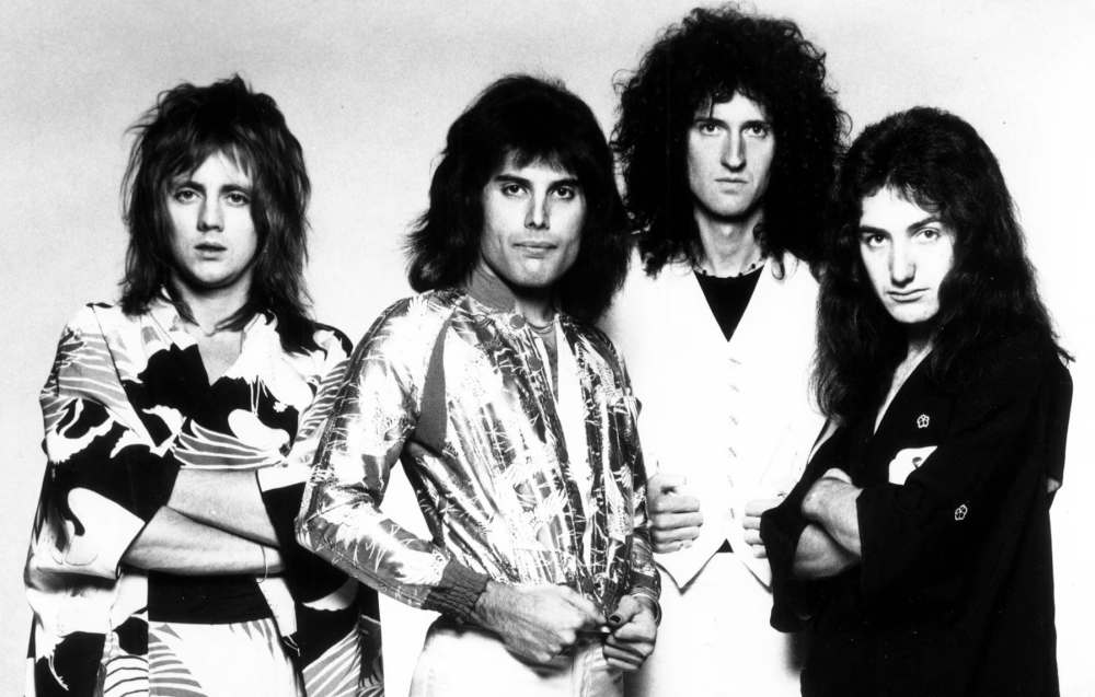 Queen. From left to right: Roger Taylor, Freddie Mercury, Brian May and John Deacon. A 1975 promotional photo for their album A Night at The Opera