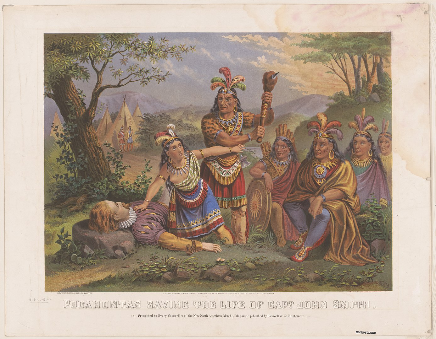 a painting showing Pocahontas saving John Smith