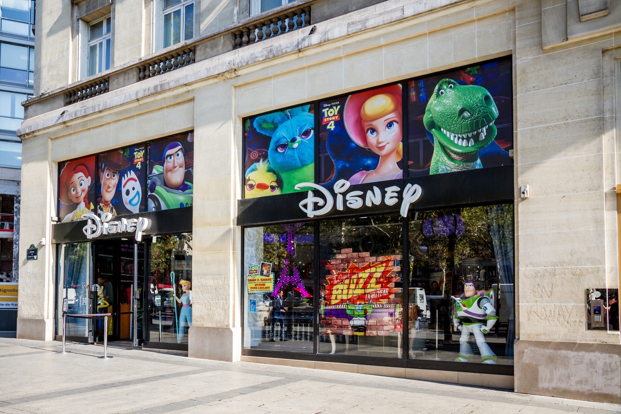 toy story characters shown on the entrance of a Disney store