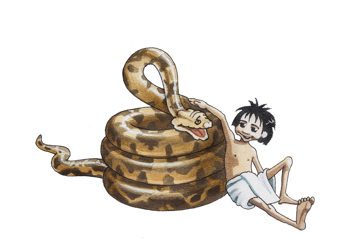 Boy Mowgli and python of Ka
