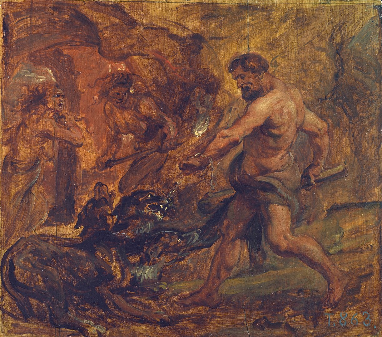 Hercules fighting Cerberus as part of the Labours of Hercules