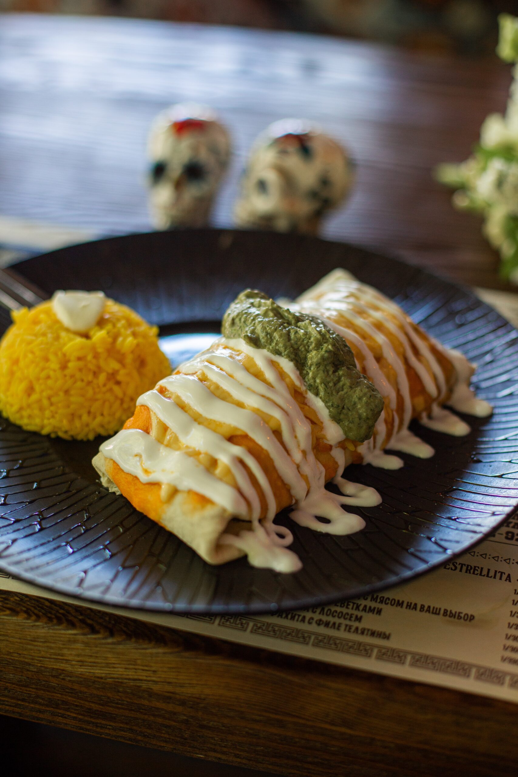 appetizing, blurred background, cheese, chimichanga, condiment, cuisine