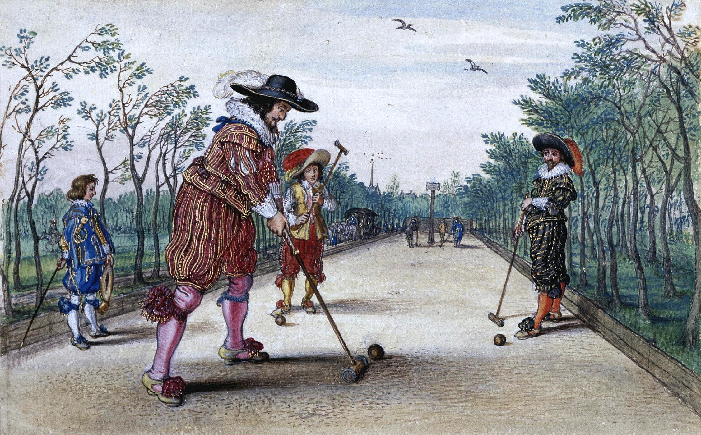 Drawing of a game of "pell-mell" between Frederick V of the Palatinate and Frederick Henry, Prince of Orange, by Adriaen van de Venne, c. 1620–1626.
