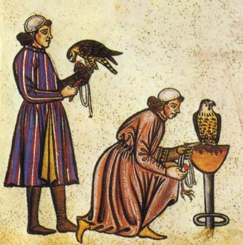 Detail of two falconers from De arte venandi cum avibus, 1240s