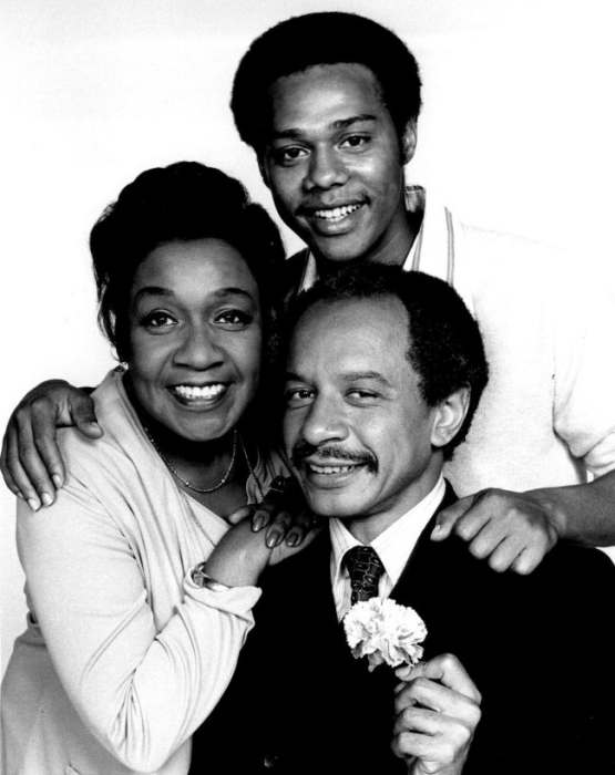 Cast of The Jeffersons, clockwise from top: Mike Evans, Sherman Hemsley, and Isabel Sanford (1975)