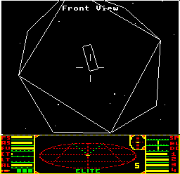 The BBC Micro version of Elite, showing the player approaching a Coriolis space station