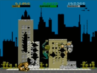 An example of gameplay from Rampage. Pictured from left to right are the player characters George, Lizzie, and Ralph