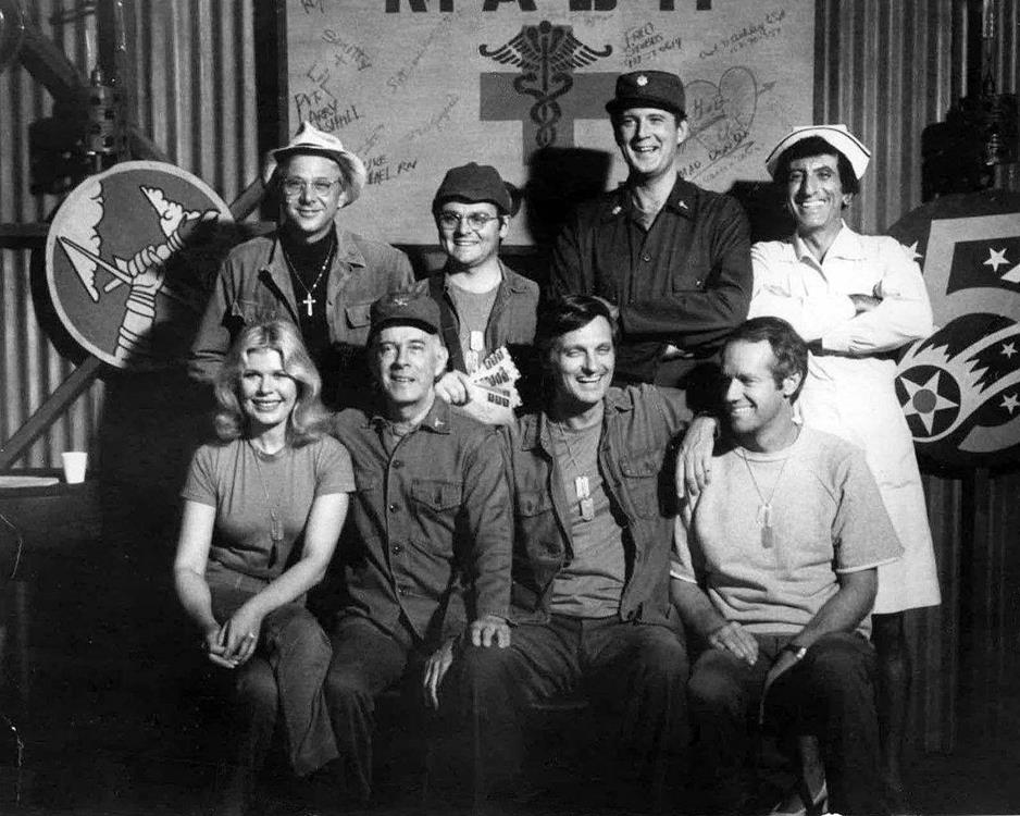 The cast of M*A*S*H from Season 6, 1977 (clockwise from left): William Christopher, Gary Burghoff, David Ogden Stiers, Jamie Farr, Mike Farrell, Alan Alda, Harry Morgan, Loretta Swit