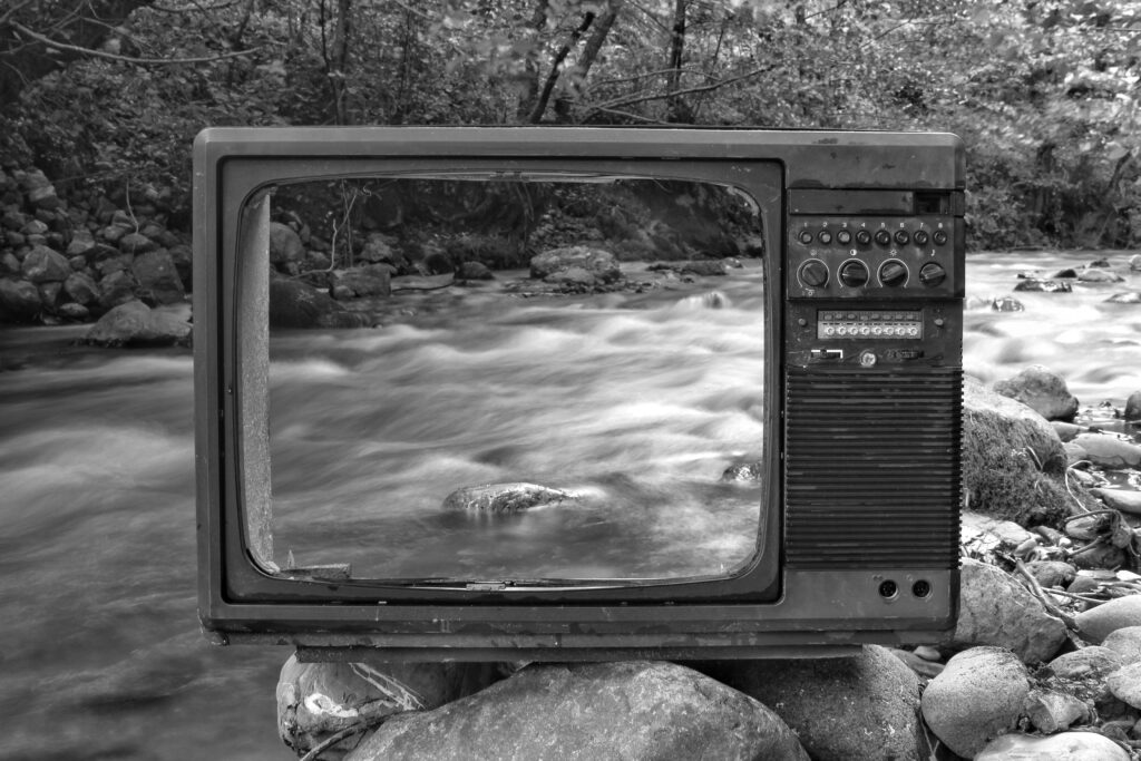 Retro tv on river shore near forest image