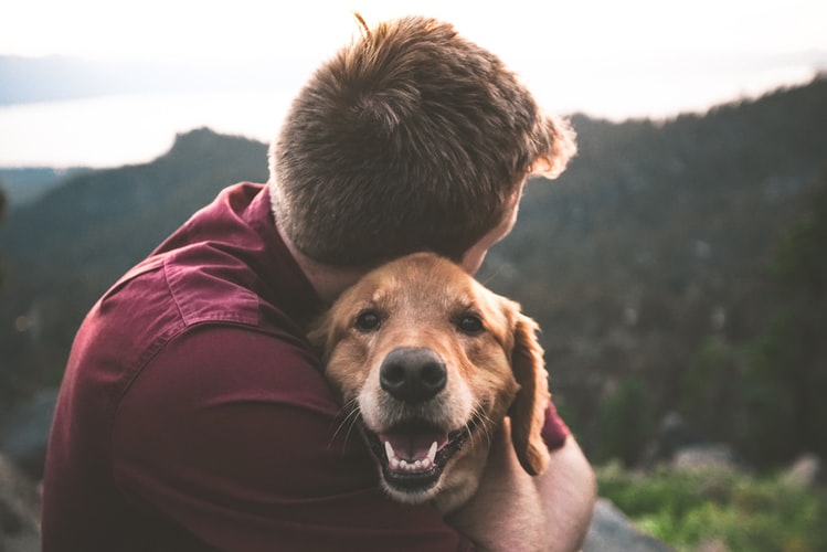 A photo of a man hugging a dog