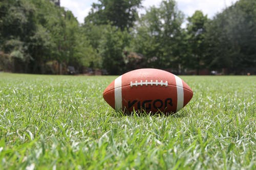 Football lying in a grassy field