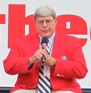 Football legend John Hannah speaks at the Patriots Hall of Fame induction ceremony for Sam "Bam" Cunningham