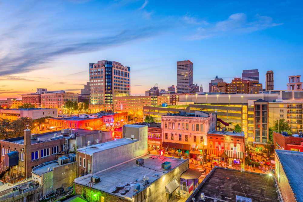 Memphis, Tennessee, USA downtown cityscape at dusk over Beale Street