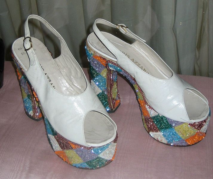 multicolored embellished white platform heels