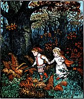 Illustration depicting two children in the woods