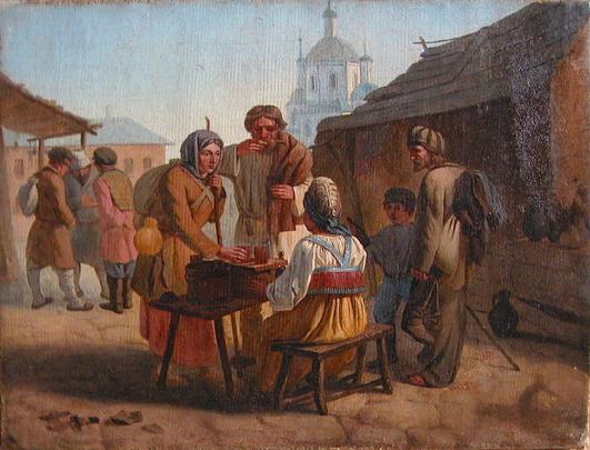a painting depicting a vendor selling kvass to customers