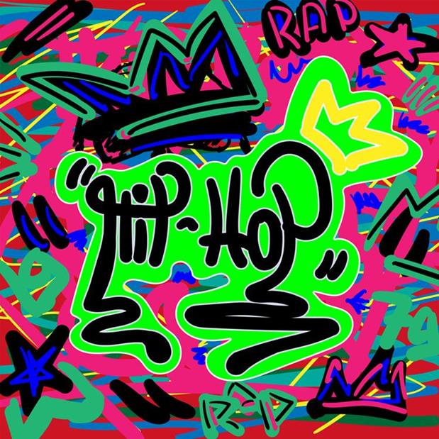 Colorful print in style of graffiti with a text hip-hop