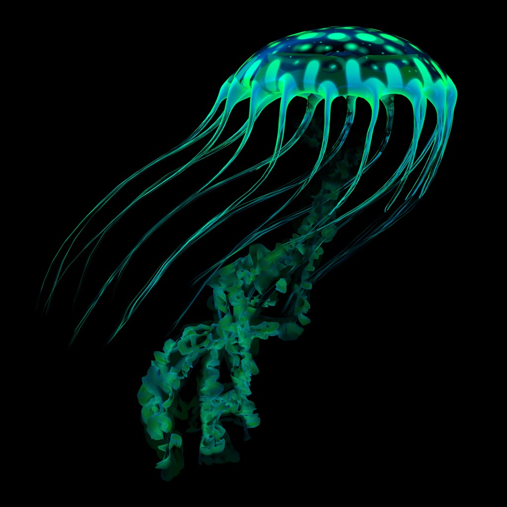 glowing spotted jellyfish flows through the dark ocean with bioluminescent colors