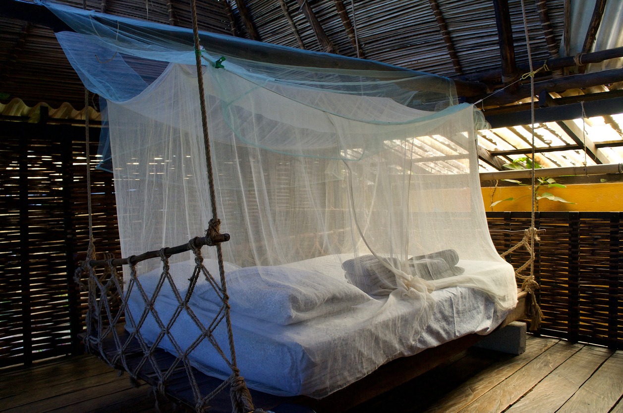 A mosquito net-covered bed in a jungle bungalow in Yelapa, Jalisco, Mexico