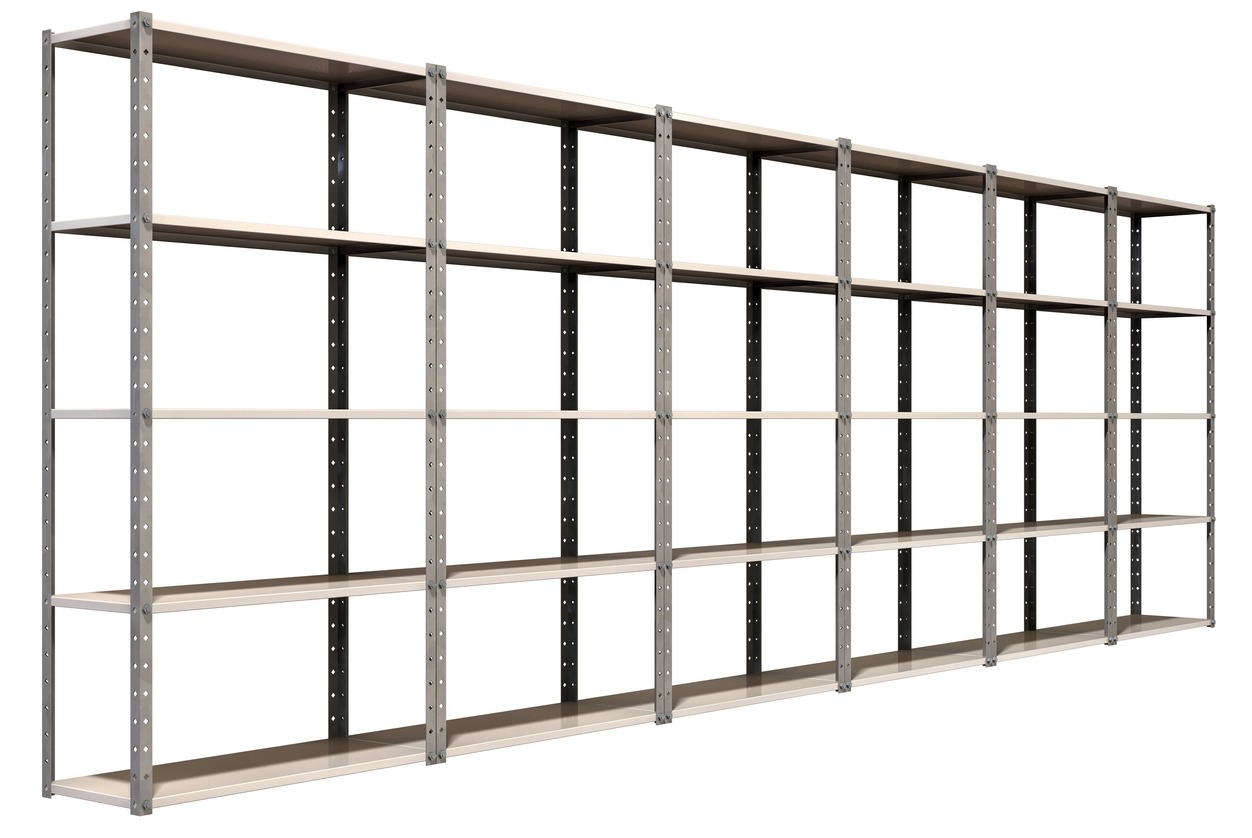 A regular assembled metal warehouse shelving unit on an isolated background