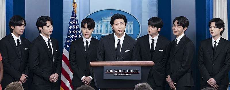 BTS at the White House in 2022 (left to right): V, Jungkook, Jimin, RM, Jin, J-Hope, and Suga