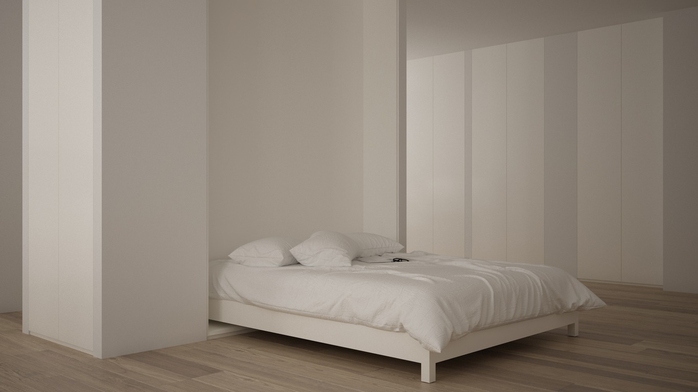 Bedroom interior flat with Vertical Murphy Wall Bed, roll-away pull out bed stored into wardrobe with lots of shelves and drawers, minimalist interior design modern architecture concept
