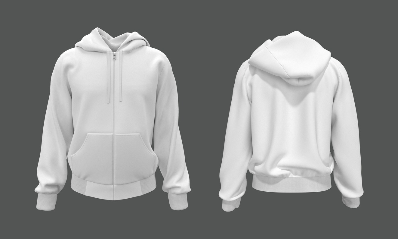 Blank hooded sweatshirt mockup with zipper in front and back views, isolated on grey background, 3d rendering, 3d illustration