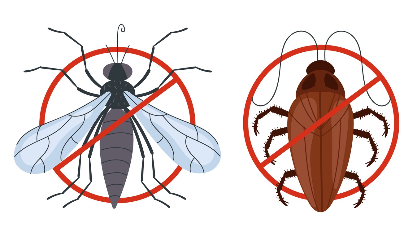 Bug mosquito warning sign stop insect isolated concept. Vector flat graphic design
