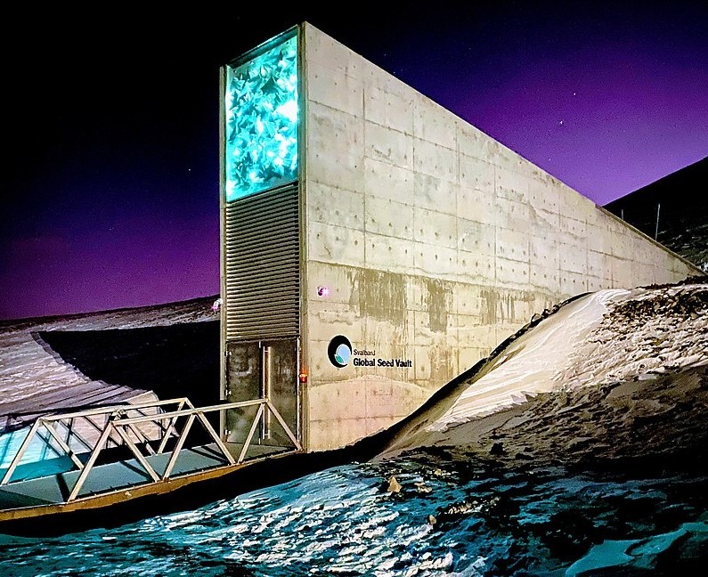 Entrance to the Svalbard Global Seed Vault, highlighting its illuminated artwork