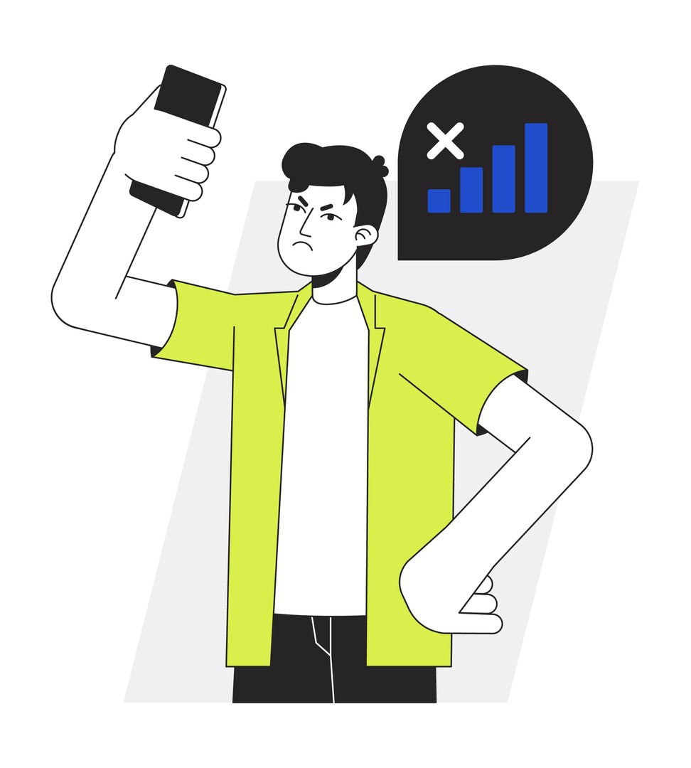 Gadget user having no phone signal flat line vector spot illustration. Frustrated man with a phone problem 2D cartoon outline character on white for web UI design.