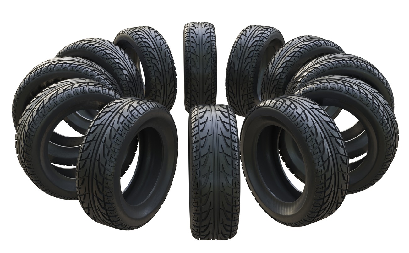 Group black tires, isolated on white background. 3d illustration