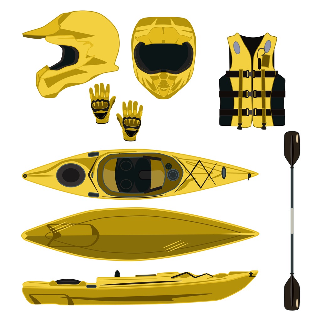 Kayaking equipment and protective gear icon set. Kayak boat with paddle, helmet, gloves, and inflatable life jacket. Vector illustration isolated on a white background. Flat style design