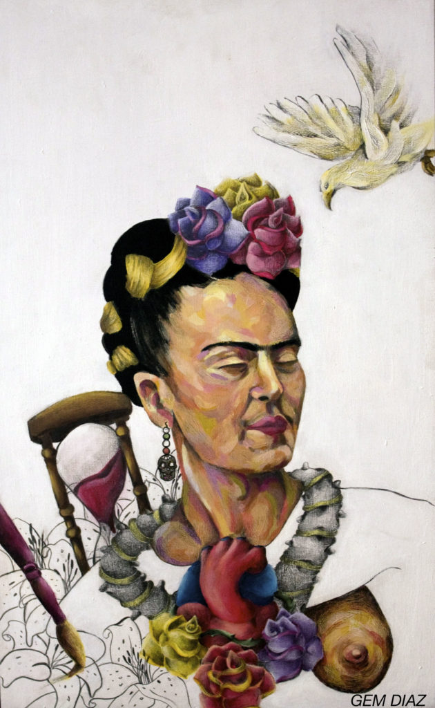 A painting of Frida Kahlo featuring her famous hairstyle
