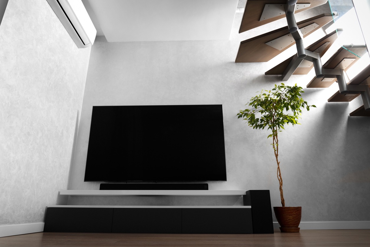 Part of the interior of the living room with a TV on the wall, hi-fi equipment, a Soundbar, a gray cabinet, and a sizeable indoor flower. TV and music system in the interior.