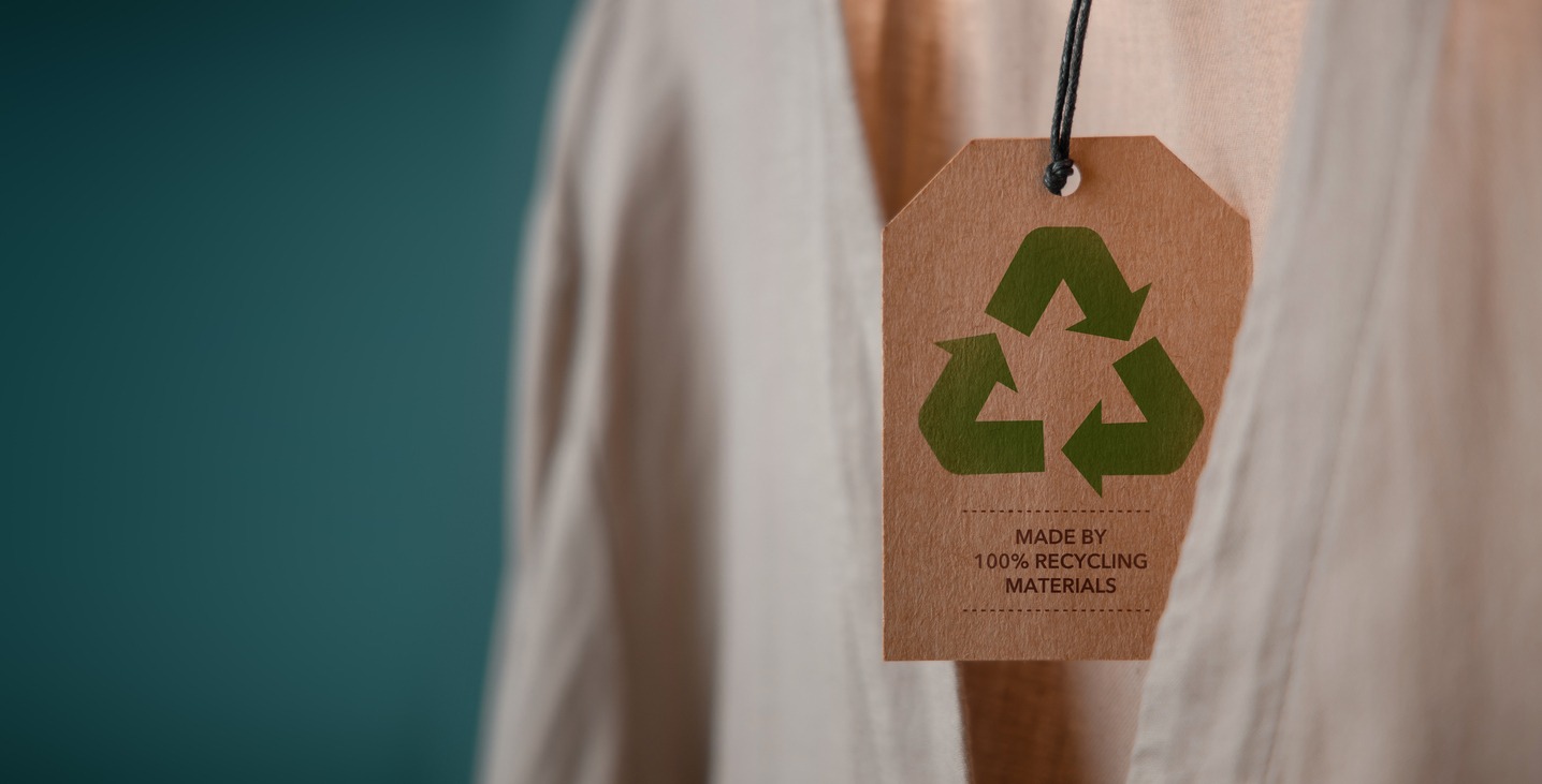 Recycling Products Concept. Organic Cotton Recycling Cloth. Zero Waste Materials. Environment Care, Reuse, Renewable for Sustainable Lifestyle. Recycle Icon show on Tag.