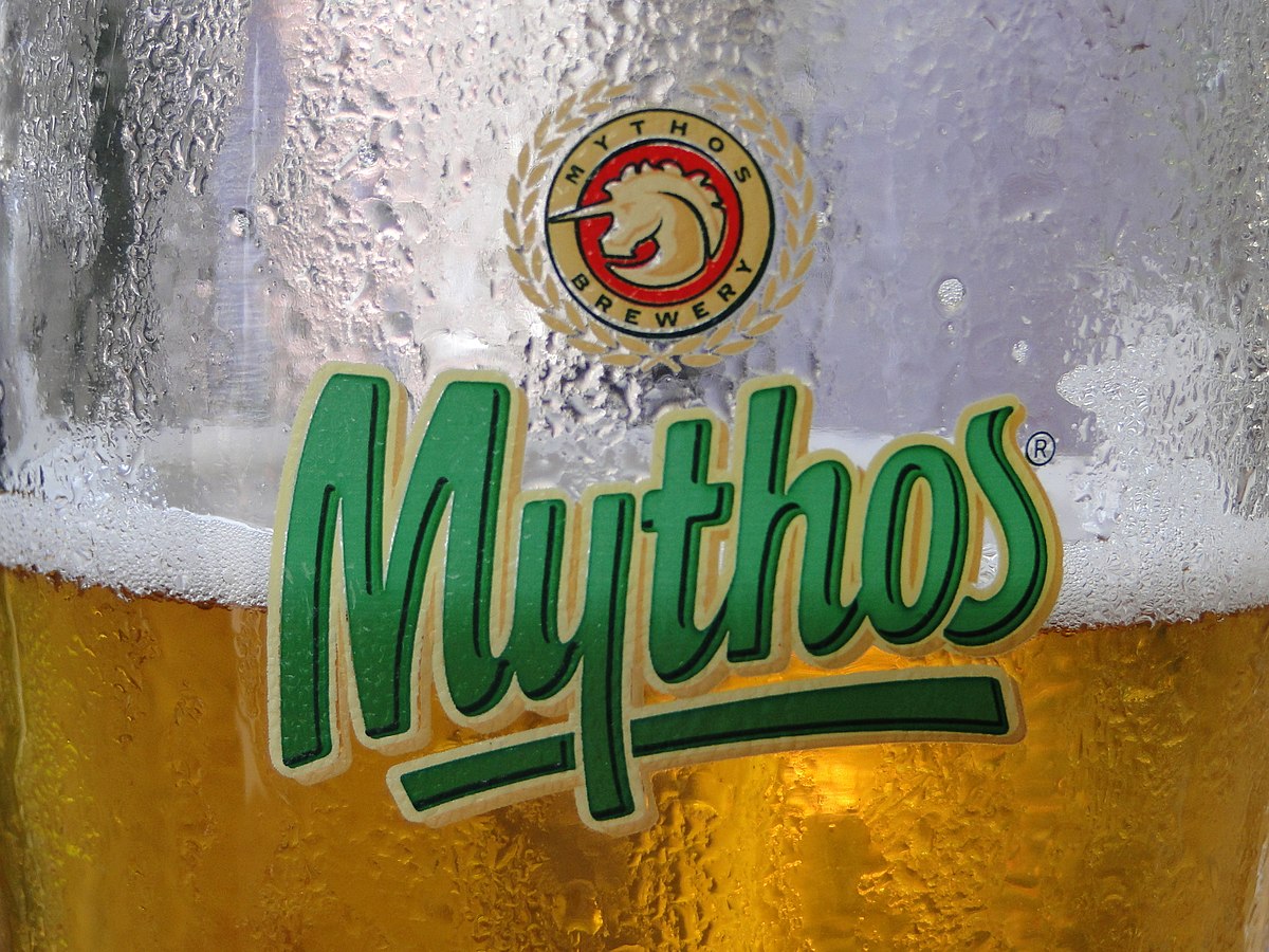 logo of Mythos beer on a bottle