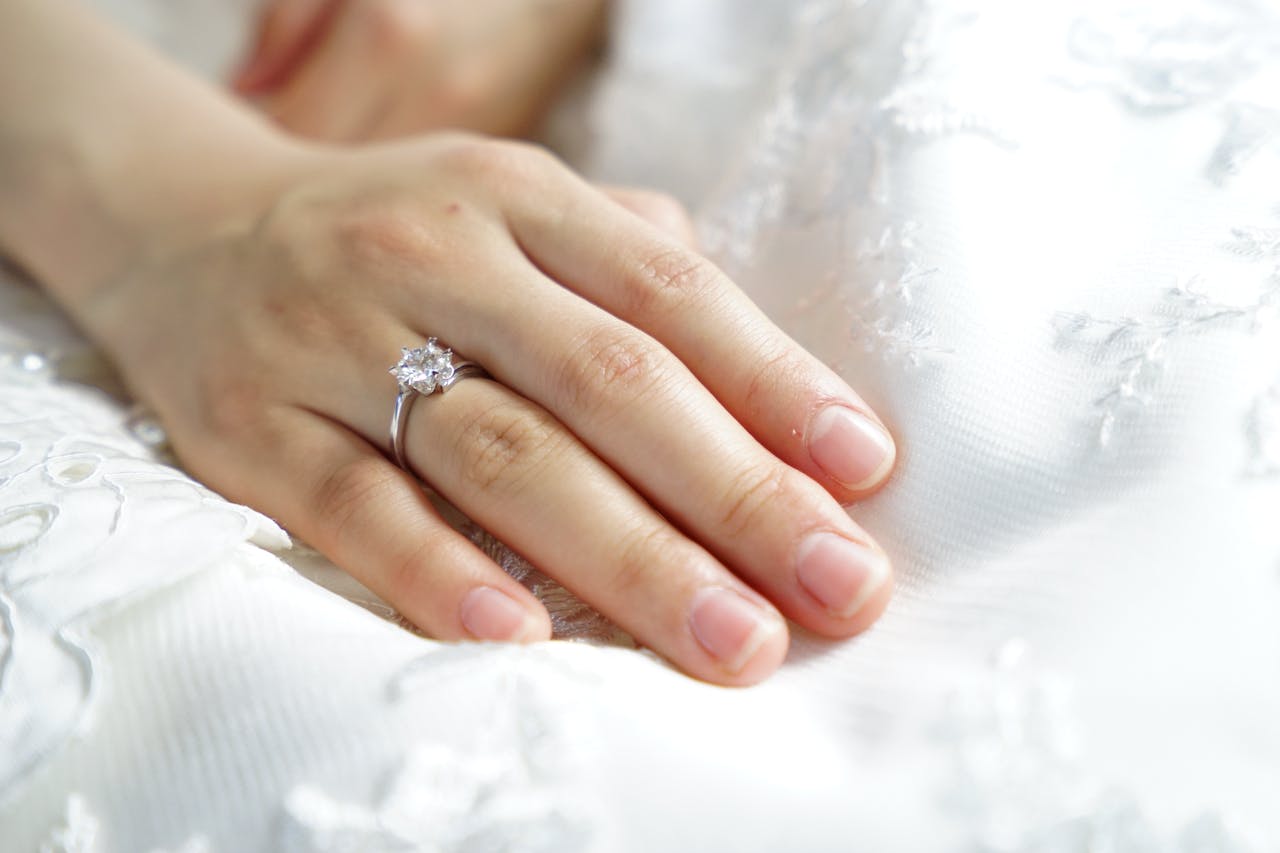 a person wearing a silver colored solitaire ring with clear gemstone