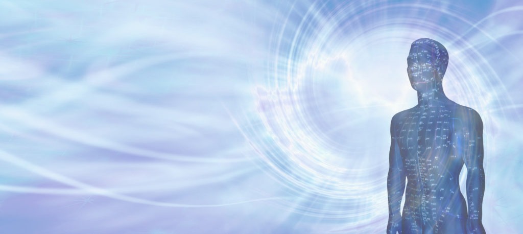 A flowing blue vortex energy background with half an acupuncture dummy in a blue color showing meridians and space for copy