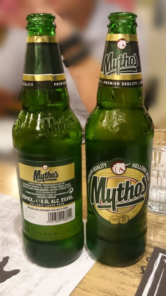 two bottles of Mythos beer