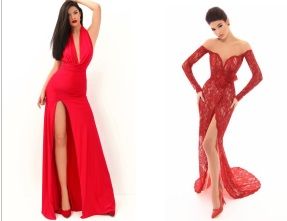 Red High-Slit Sheath Dresses by Tarik Ediz