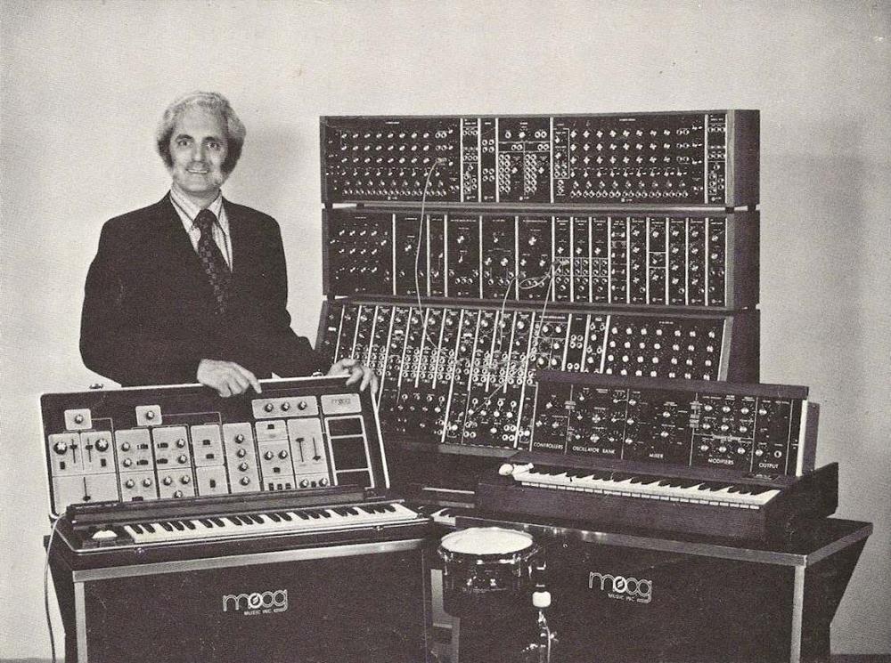 Bob Moog with Moog synthesizers