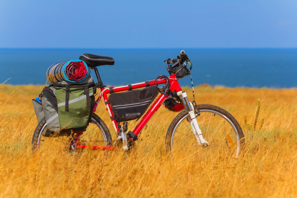 A red bicycle beside the grass field