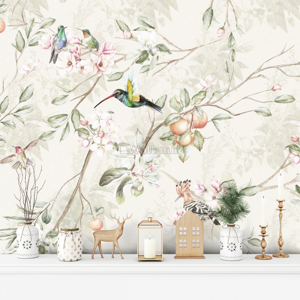 Birds with Vintage Blossoms Wallpaper Mural for Living Room, Kitchen, Hallway, Dining room, Café, Bedroom and Bathroom